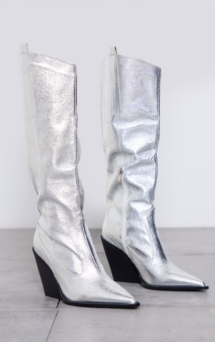 Silver Metallic Western Pointed Wedge Heeled Knee Boots