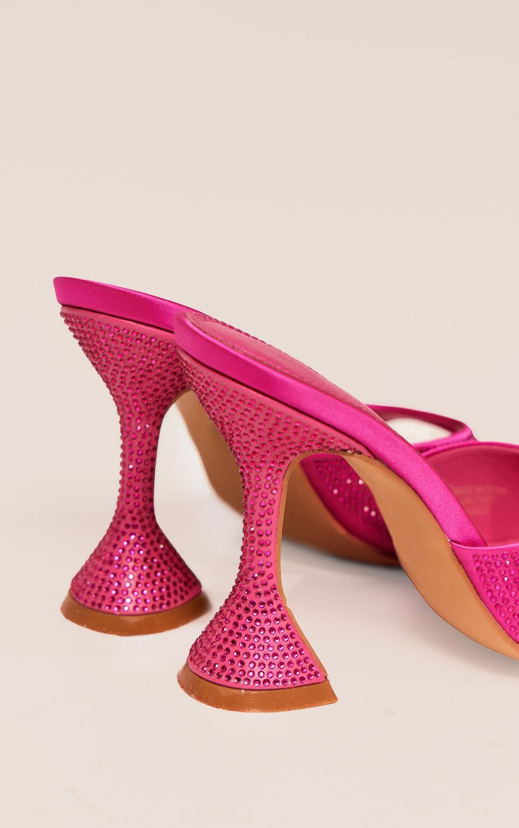 Pink PU Diamante Point Toe Heeled Mules