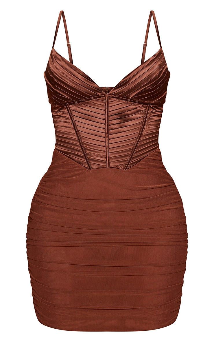 Shape Chocolate Brown Satin Pleat Detail Corset Bodycon Dress