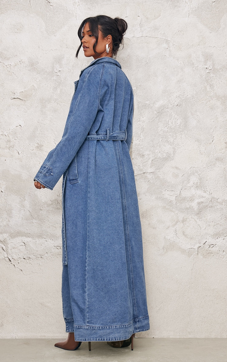 Tall Mid Blue Wash Belt Detail Denim Trench Coat