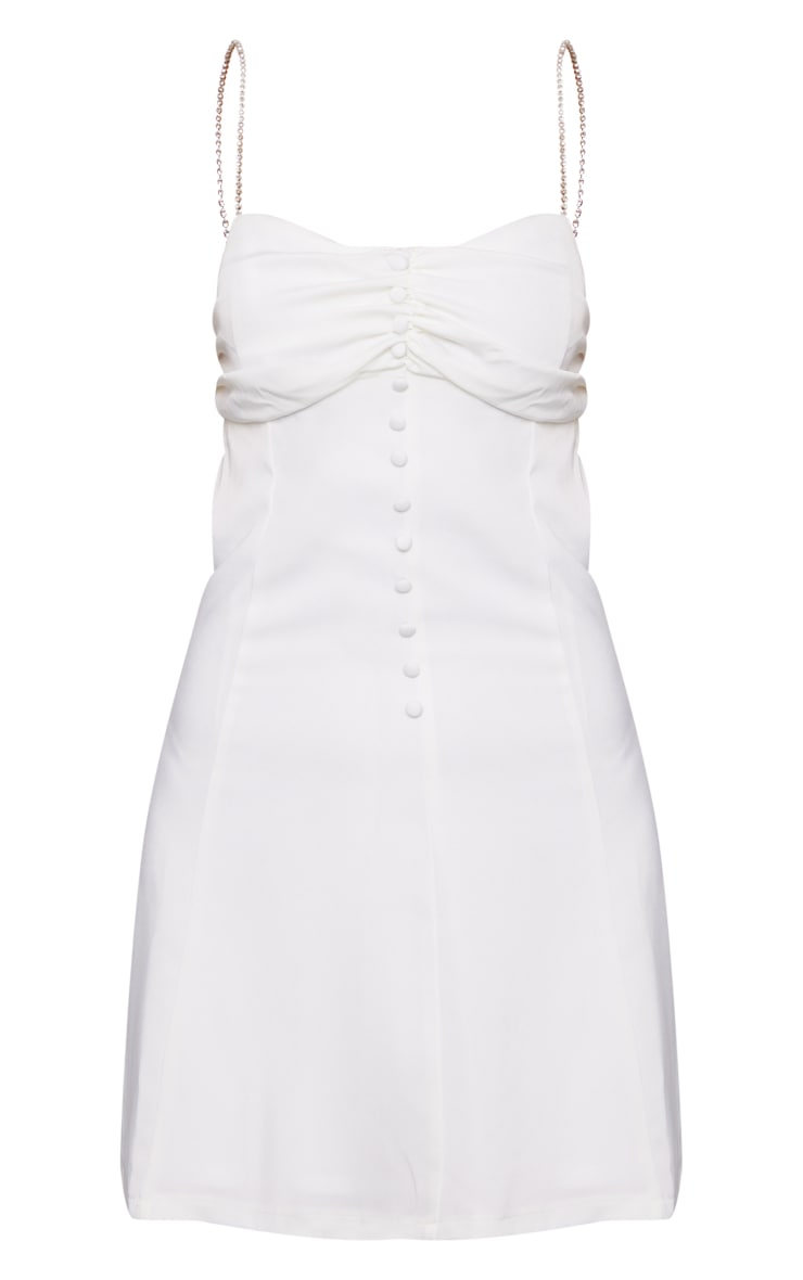 White Satin Diamante Strap Button Detail Bodycon Dress