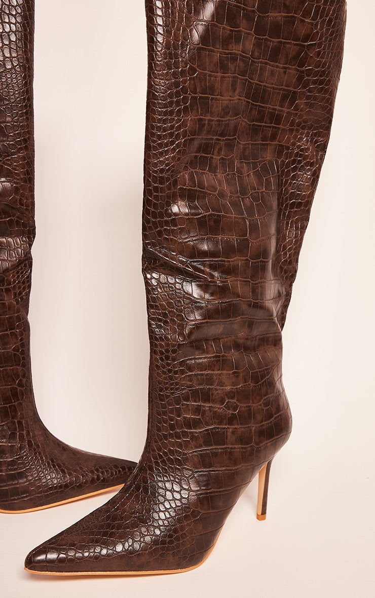 Cream PU Croc Detail Point Toe Stiletto Heeled Knee Boots