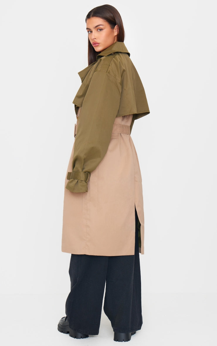 Khaki Contrast Oversized Belted Midi Trench Coat