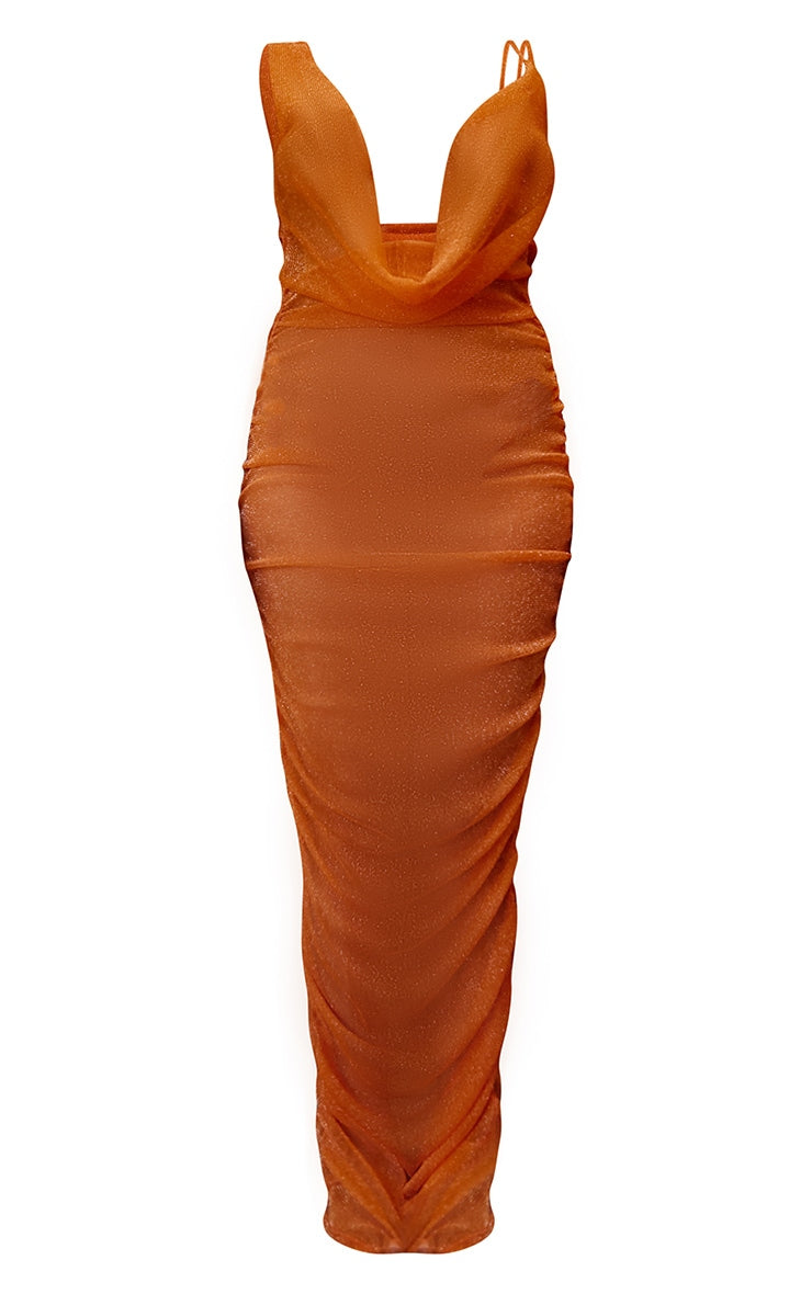 Orange Glitter Mesh Ruched Maxi Beach Dress - HCWP 