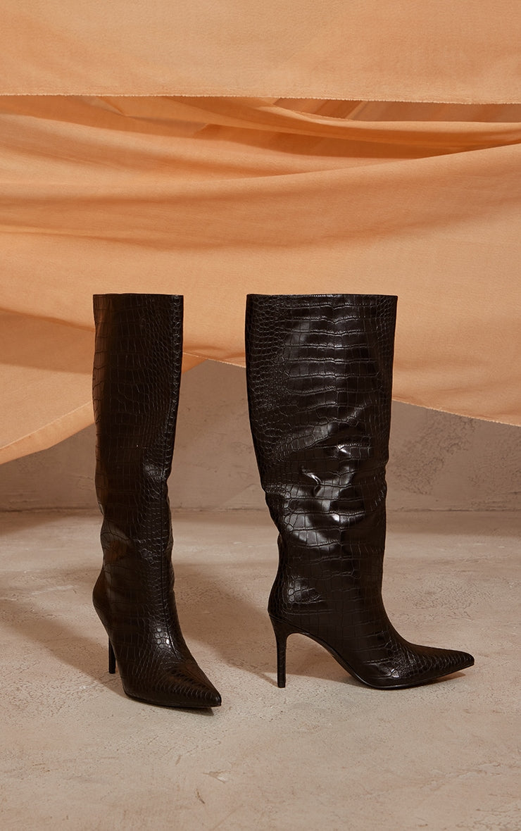 Chocolate PU Croc Detail Point Toe Stiletto Heeled Knee Boots