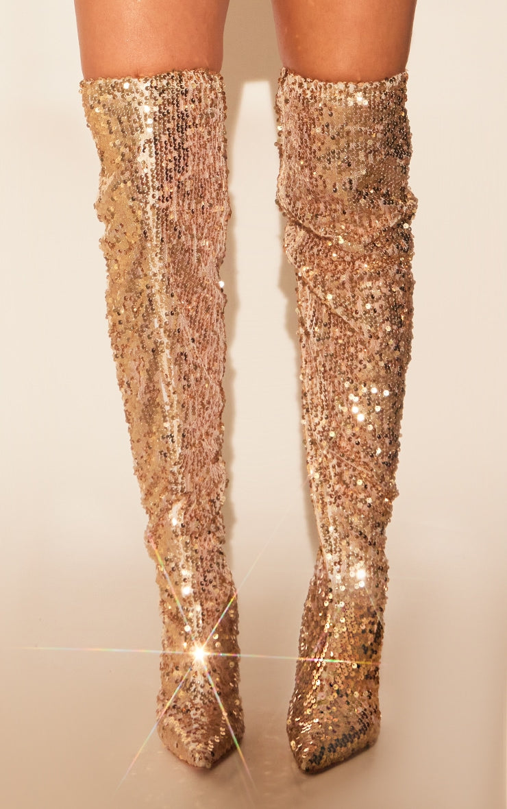 Silver Sequin Point Toe Over The Knee Heeled Boots