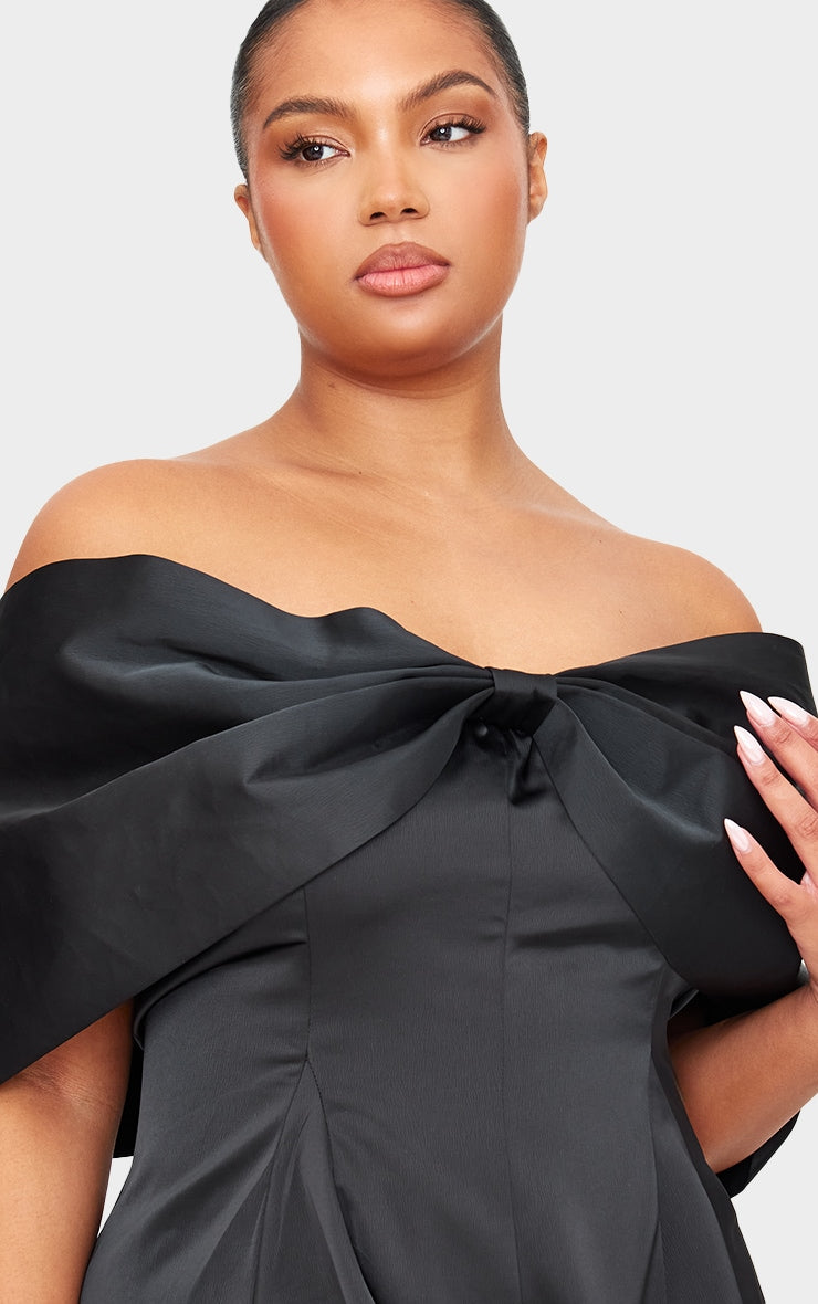 Plus Premium Black Satin Extreme Bow Detail Playsuit