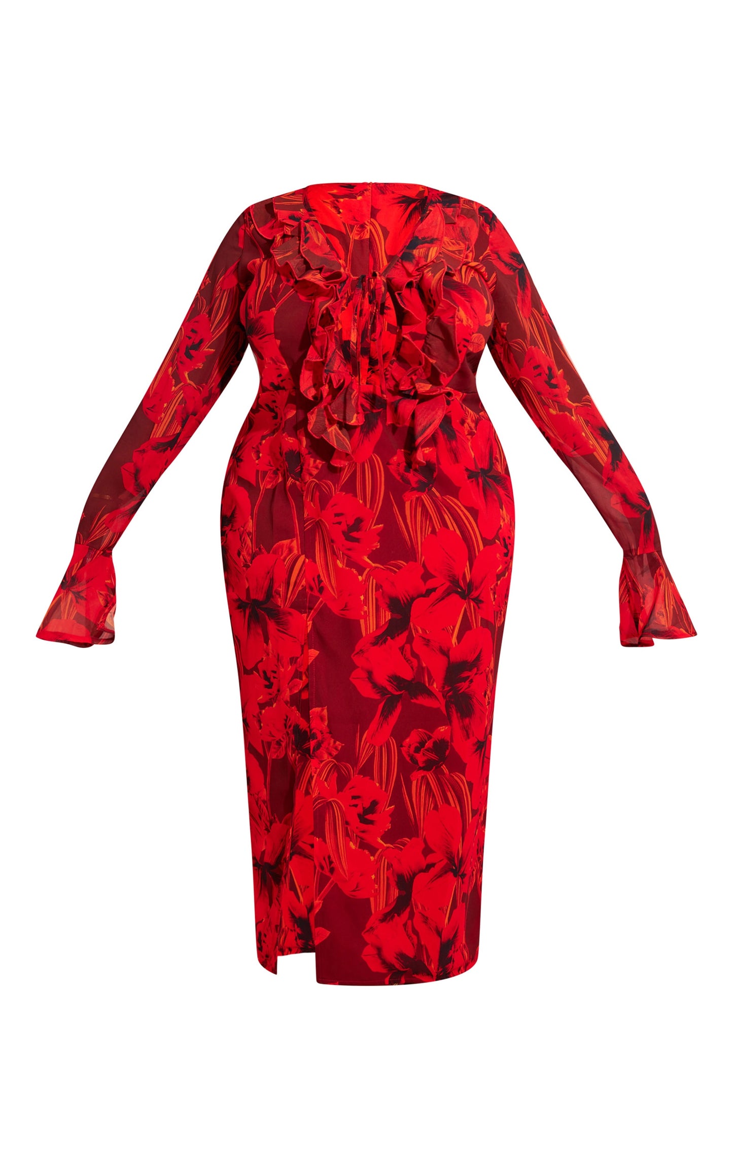 Plus Red Floral Print Chiffon Frill Midi Dress