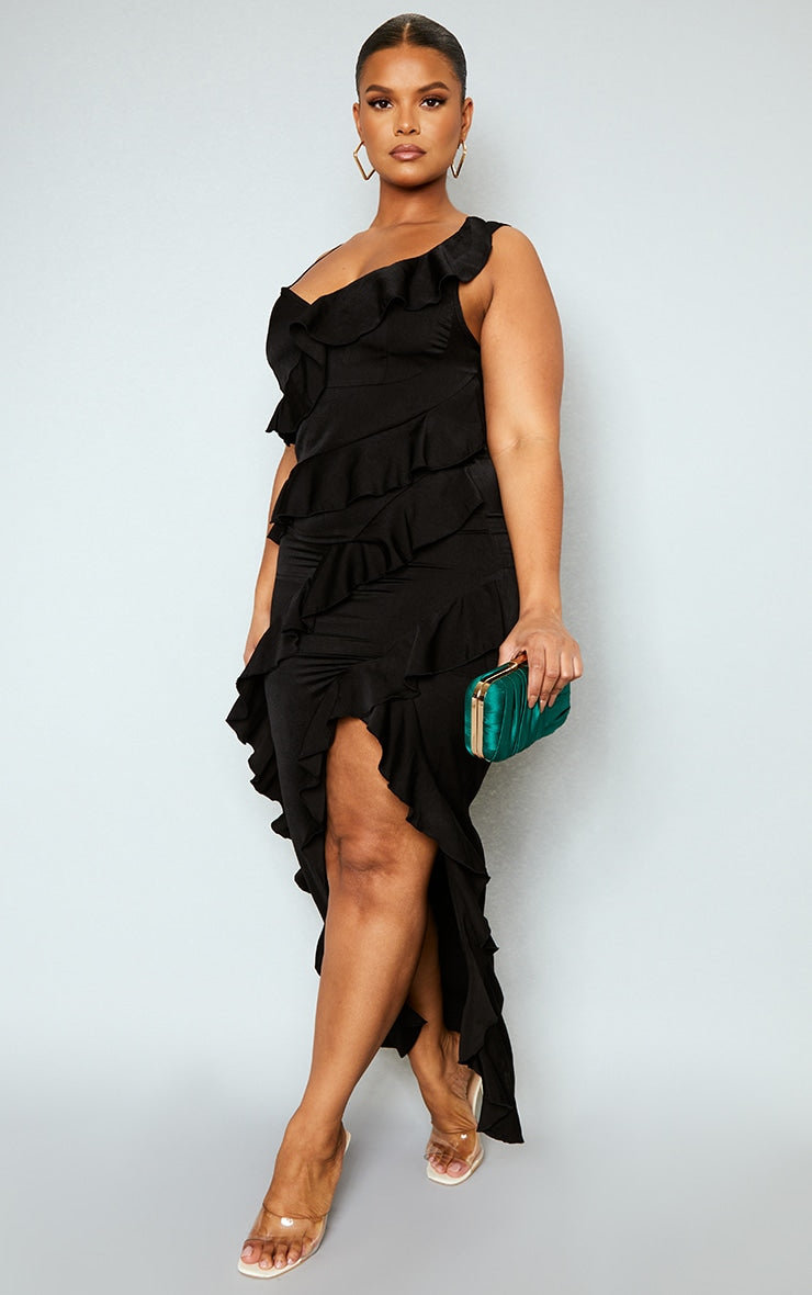 Plus Black Satin Frill Layered Midaxi Dress