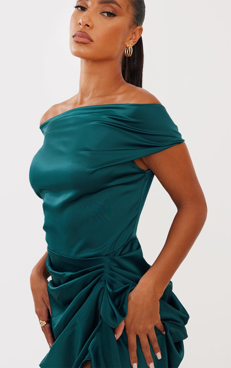 Emerald Green Satin Off The Shoulder Draped Skirt Midi Dress