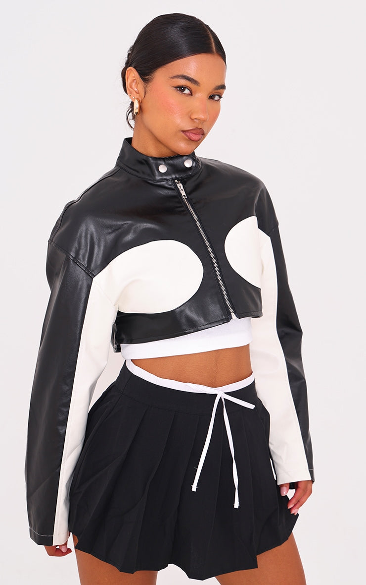 Monochrome Faux Leather Contrast Panel Cropped Jacket