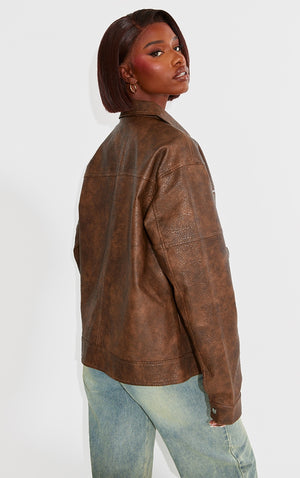 Tall Brown Faux Leather Oversized Utility Jacket