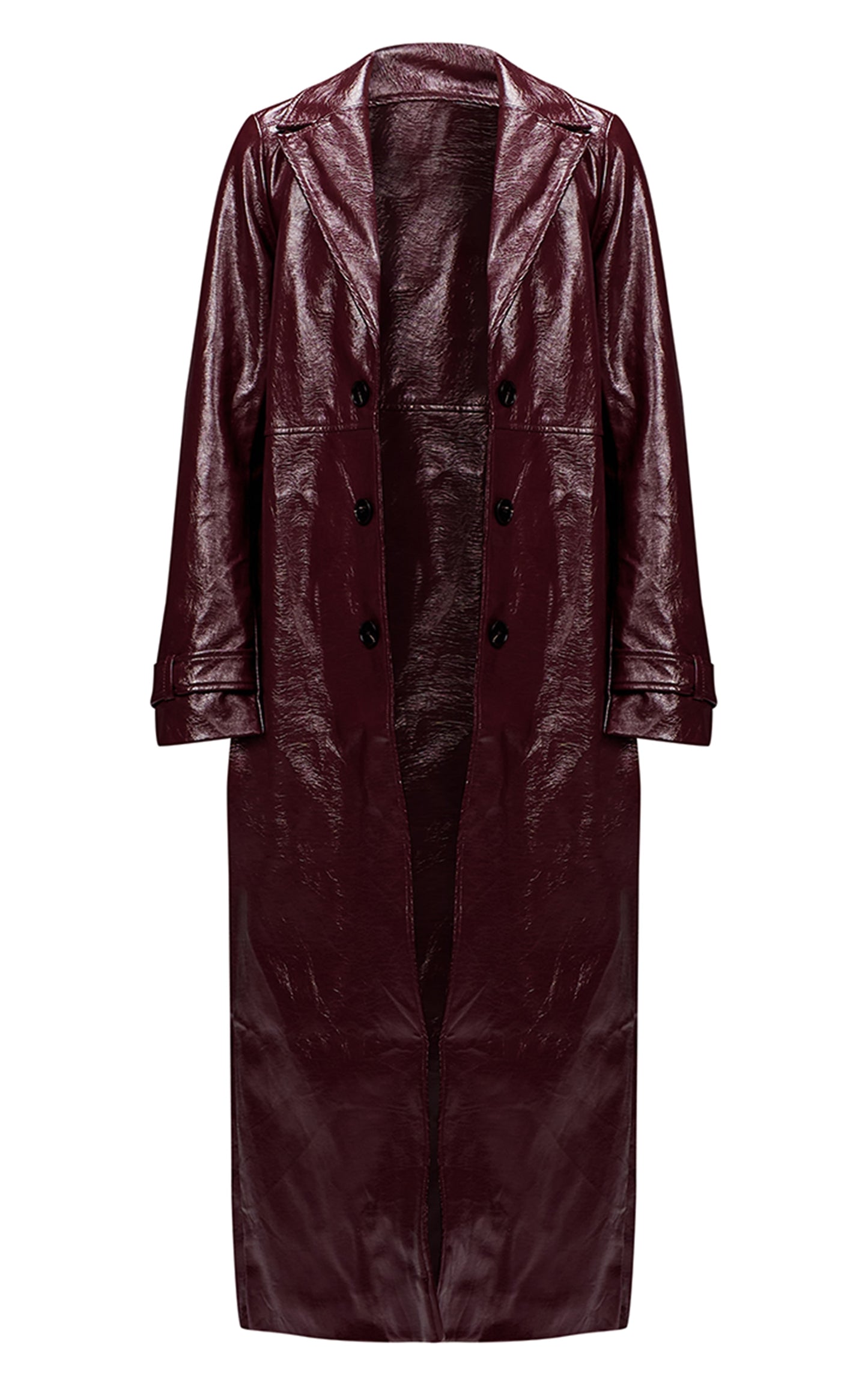 Burgundy High Shine Textured Faux Leather Maxi Coat