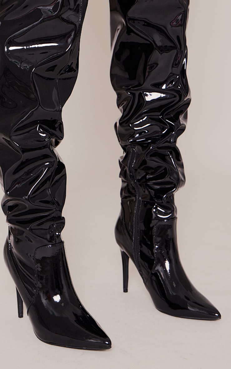 Black PU Point Toe Ruched Over The Knee High Heeled Boots