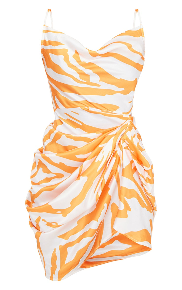 Orange Zebra Print Cowl Neck Satin Draped Bodycon Dress