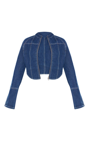 Plus Indigo Blue Wash Zip Up Cuff Detail Denim Jacket