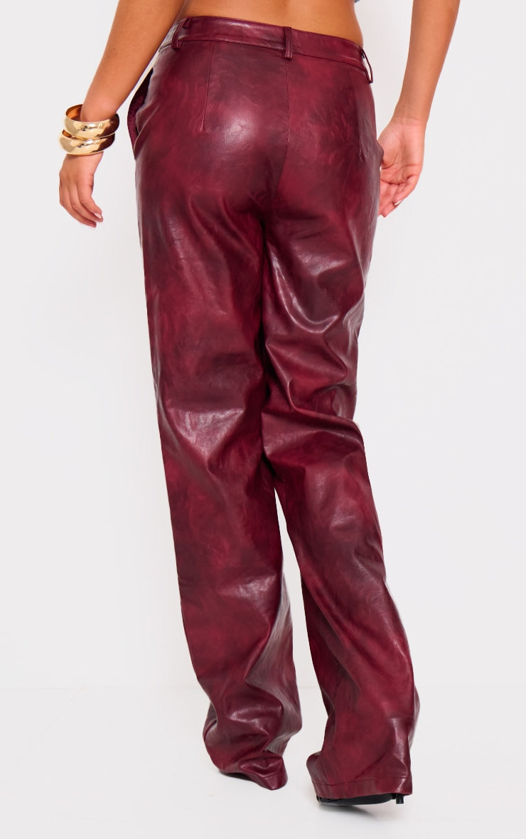 Burgundy Washed Faux Leather Dip Waist Flared Trousers