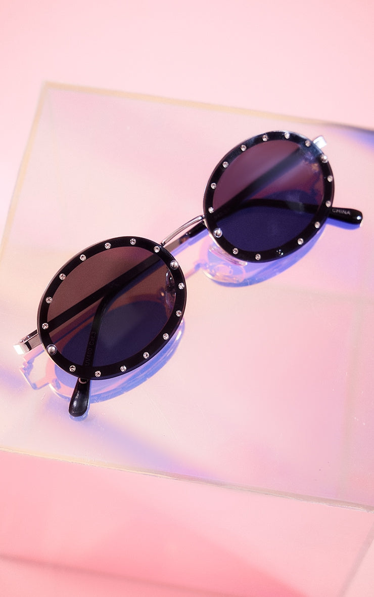 Black Round Lens Diamante Detail Sunglasses