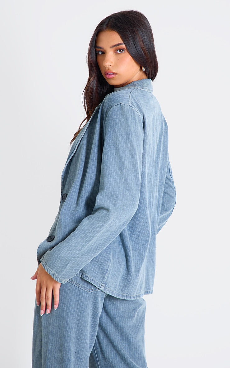 Washed Blue Pinstripe Lightweight Denim Oversized Blazer