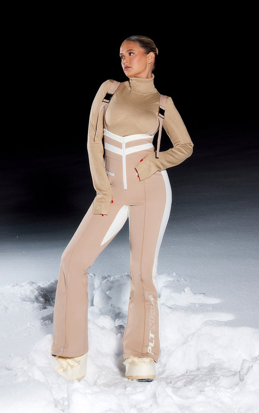 PRETTYLITTLETHING SKI Beige Fit And Flare Scuba Salopettes