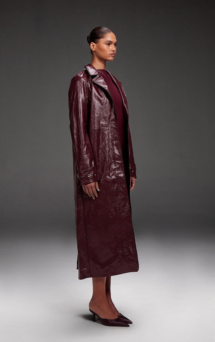 Burgundy High Shine Textured Faux Leather Maxi Coat