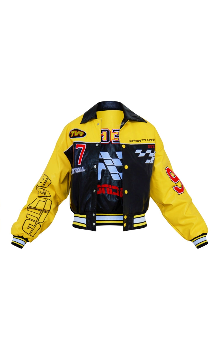 PRETTYLITTLETHING Yellow Faux Leather Motocross Racer Bomber Jacket