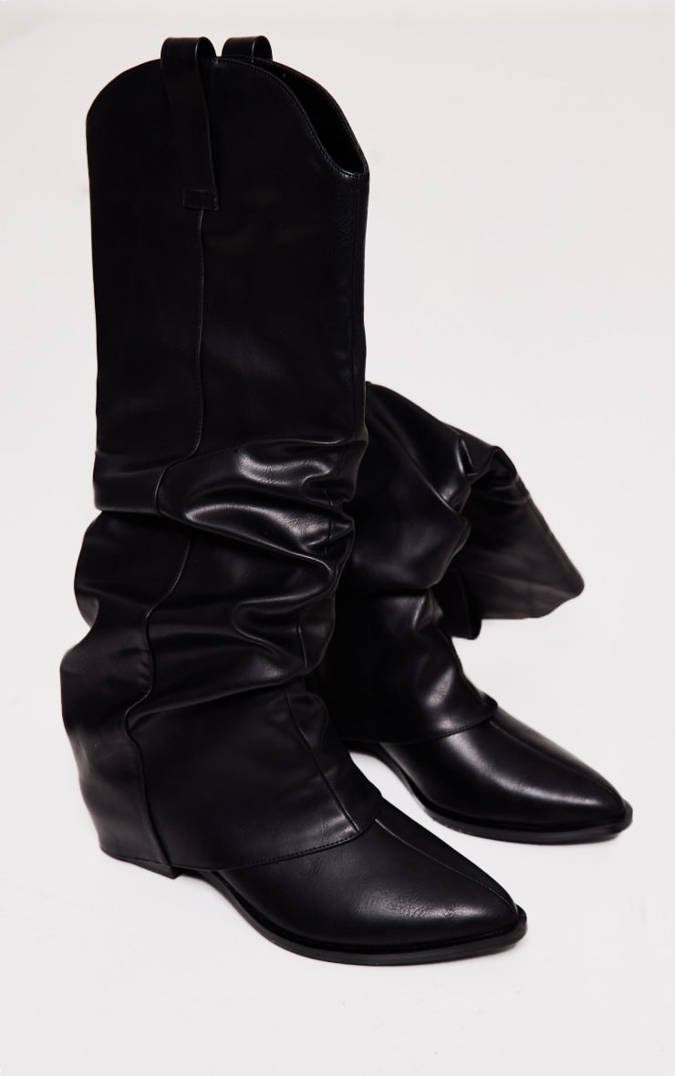 Black Distressed PU Point Toe Fold Over Heeled Knee Western Boots