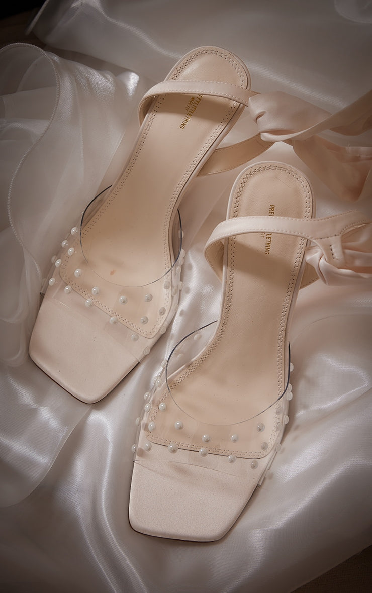 Cream Wide Fit Square Toe Perspex Pearl Lace Up Ribbon High Heeled Sandals