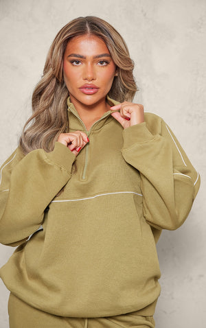 Ash Grey Oversized Contrast Piping Quarter Zip Sweatshirt