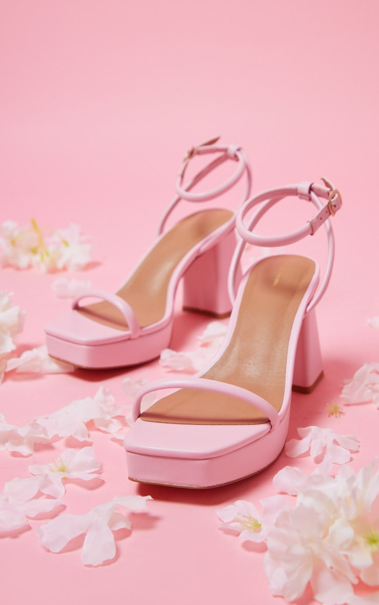 Pink Pu Square Toe Tube Barely There Platform Heels