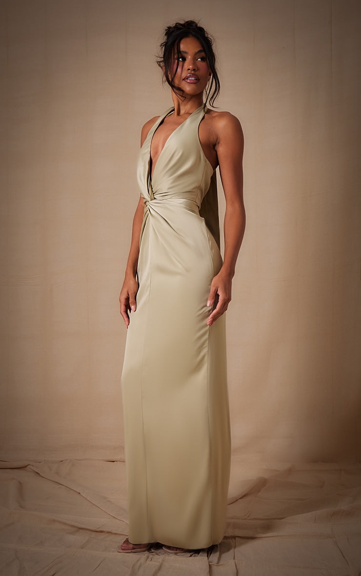 Champagne Bridesmaid Satin Twist Plunge Halterneck Maxi Dress