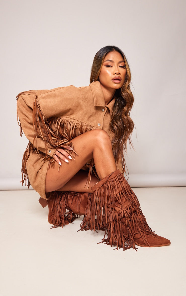 Tan Faux Suede Fringe Western Block Heel Knee Boots