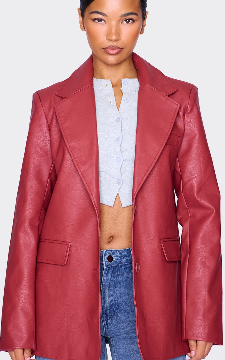 Cherry Red Textured Faux Leather Blazer