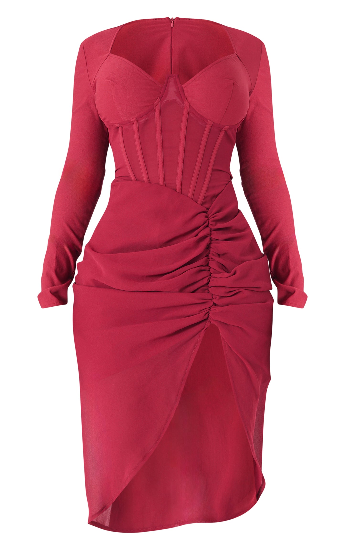 Shape Burgundy Corset Long Sleeve Ruched Midi Dress