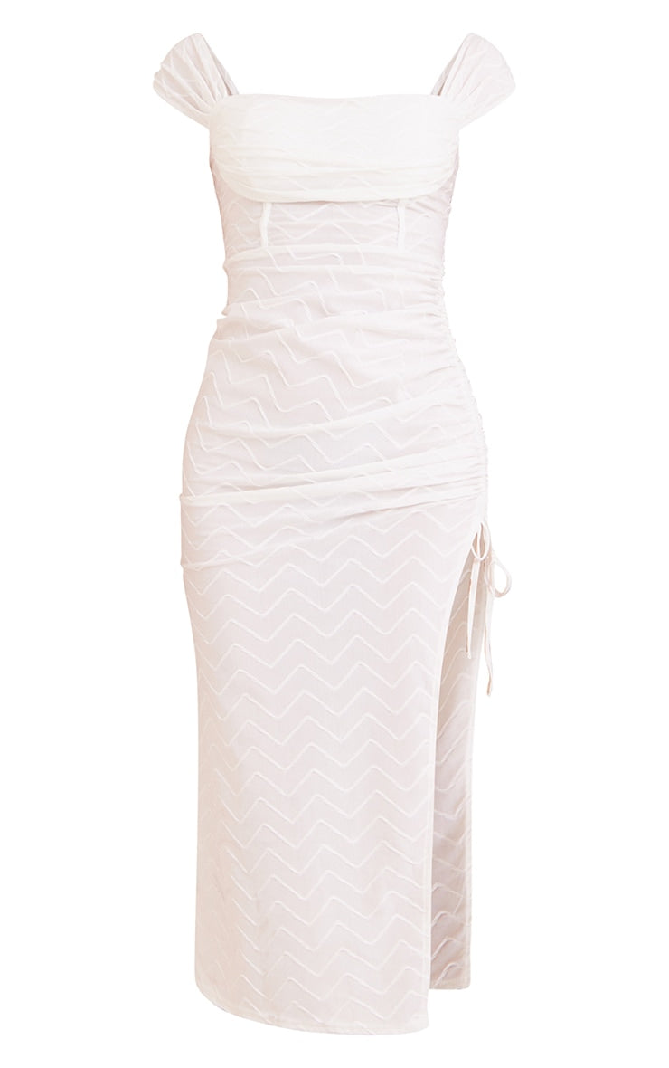 Cream Textured Cup Detail Ruched Bardot Midi Dress