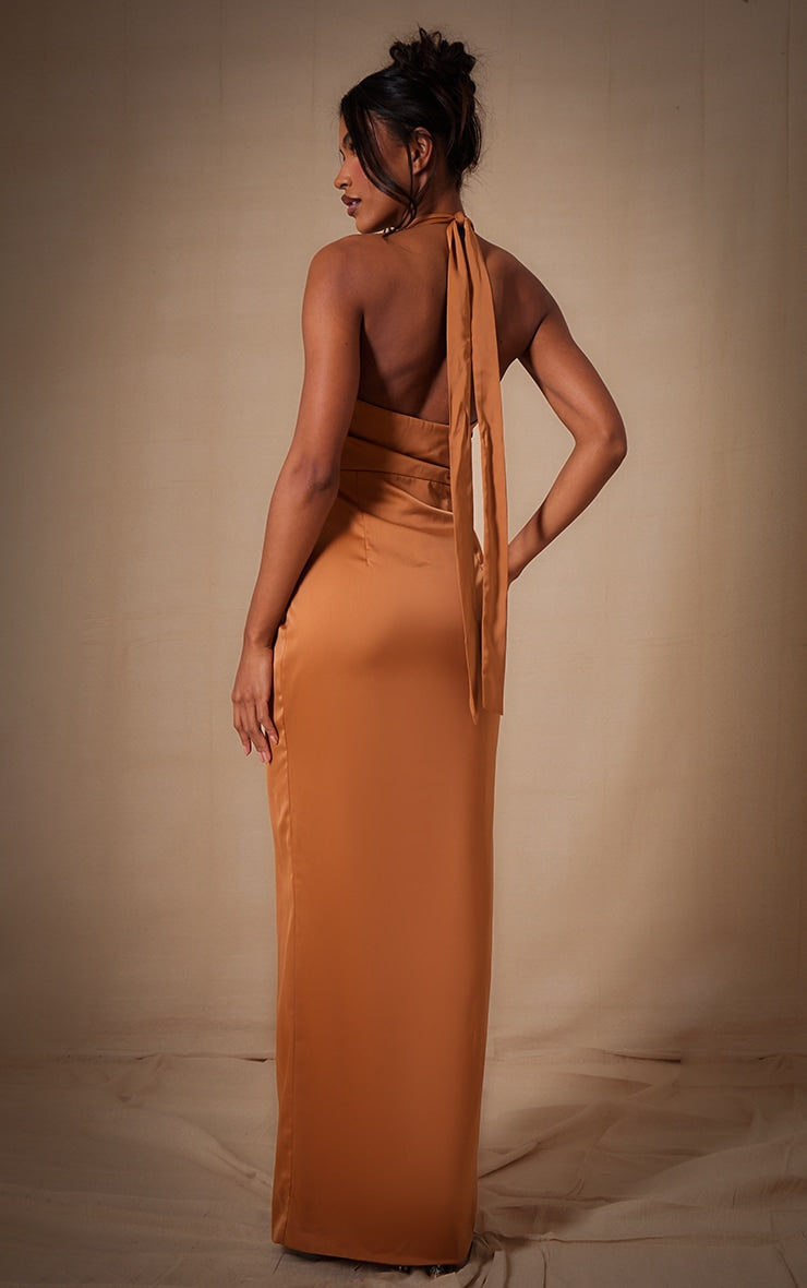 Champagne Bridesmaid Satin Twist Plunge Halterneck Maxi Dress