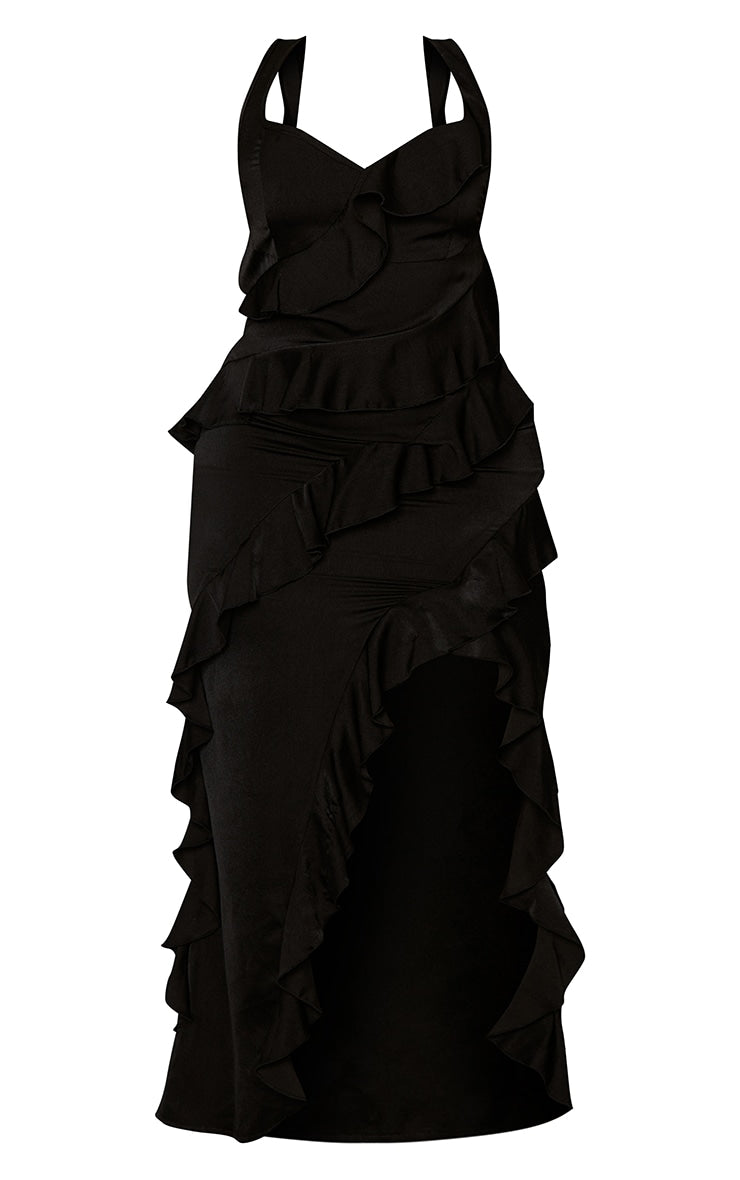 Plus Black Satin Frill Layered Midaxi Dress