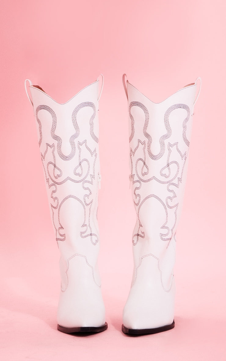 Silver PU Point Toe Block Heel Knee High Western Boots