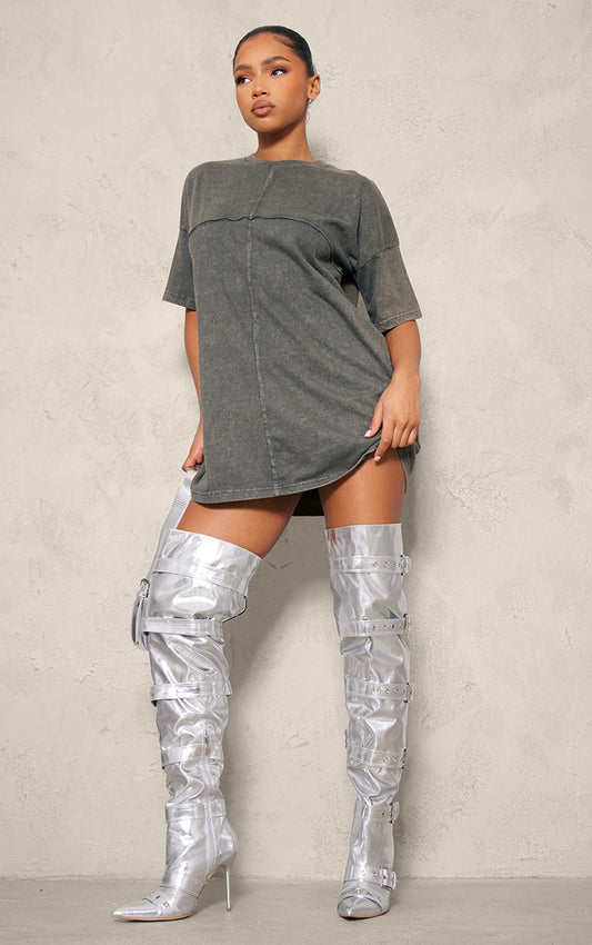 Silver Pu Point Toe Buckled Over The Knee Heeled Boots