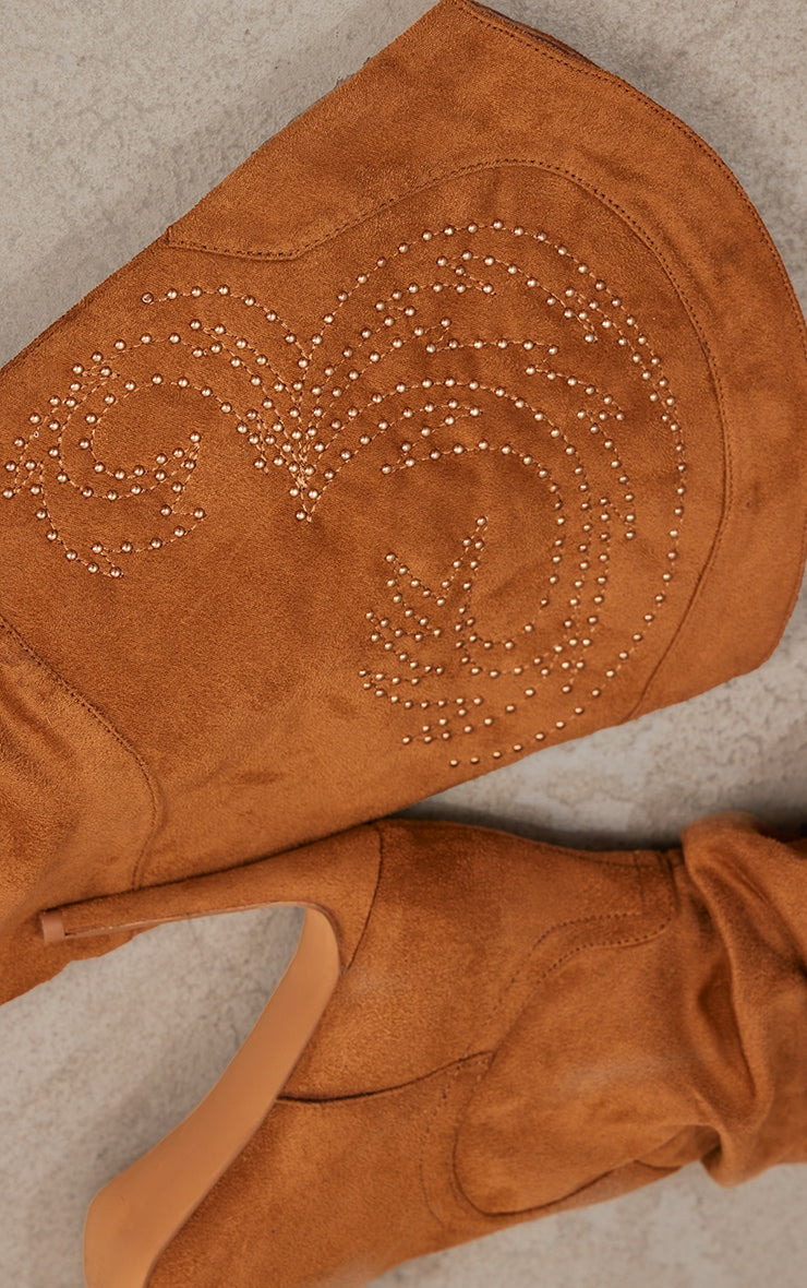 Camel Faux Suede Point Toe Studded Over The Knee Heeled Western Boots