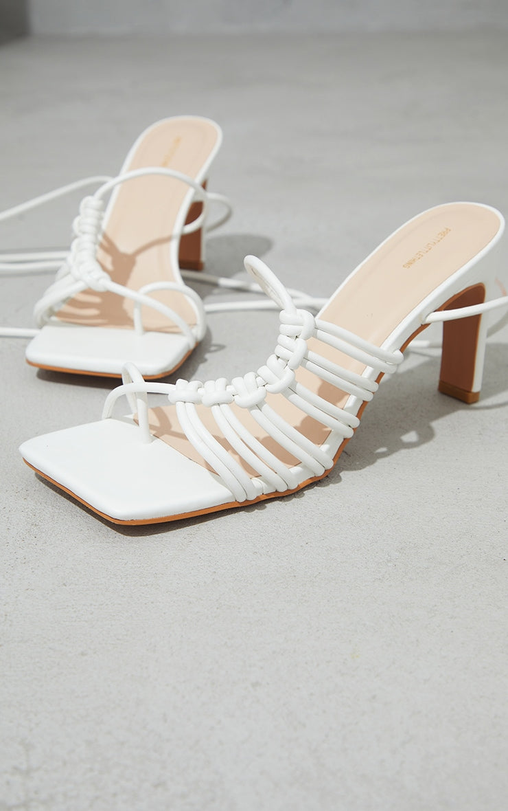 White PU Toe Loop Knot Side Detail Lace Up Flat Heeled Sandals