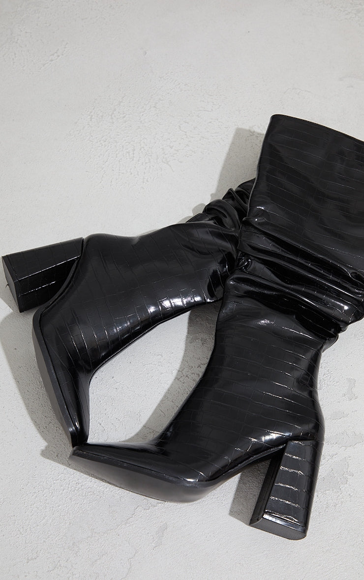 Black High Block Heel Croc Knee High Boots