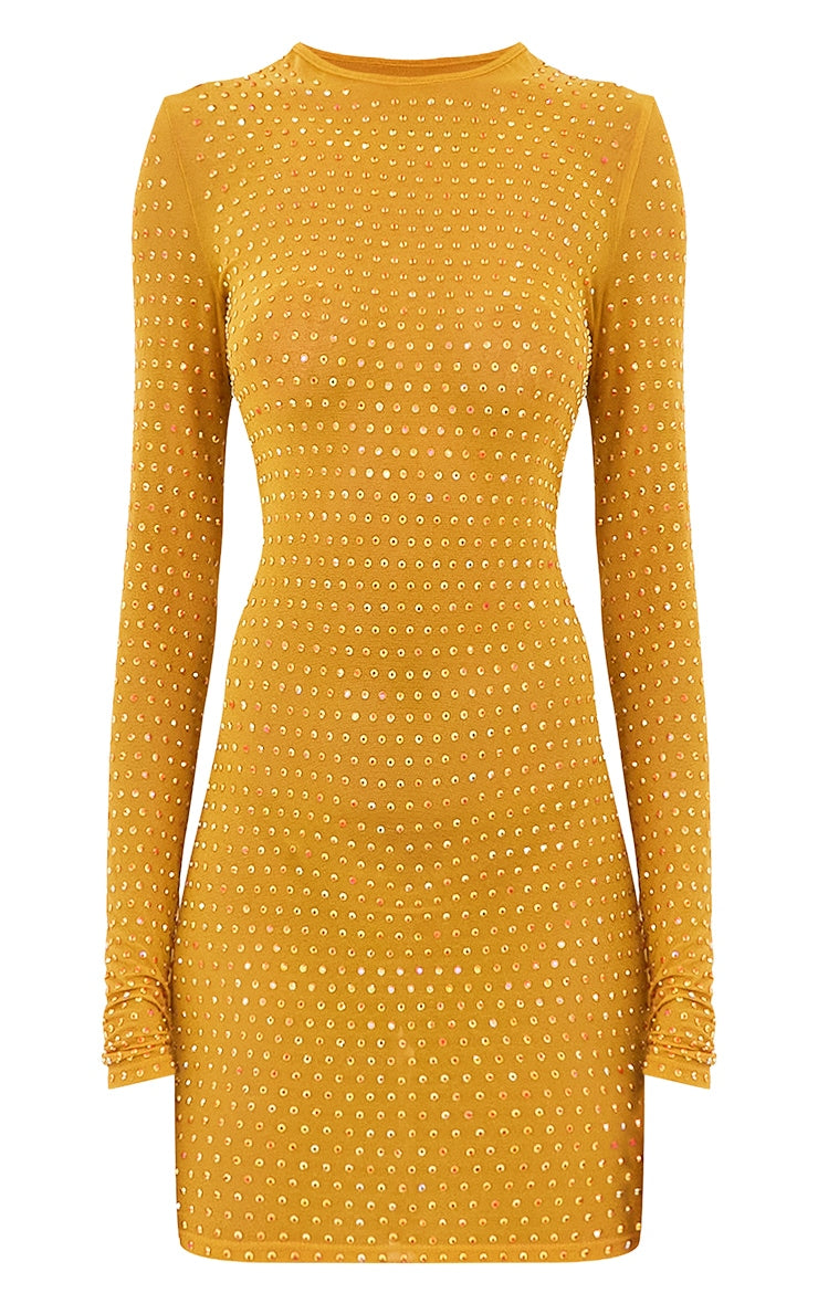 Chartreuse Embellished Mesh Bodycon Dress