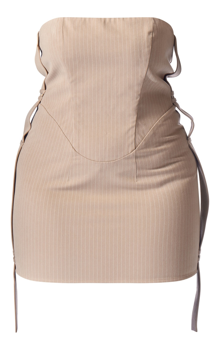 PLT Label Plus Taupe Pinstripe Bardot Corset Bodycon Dress