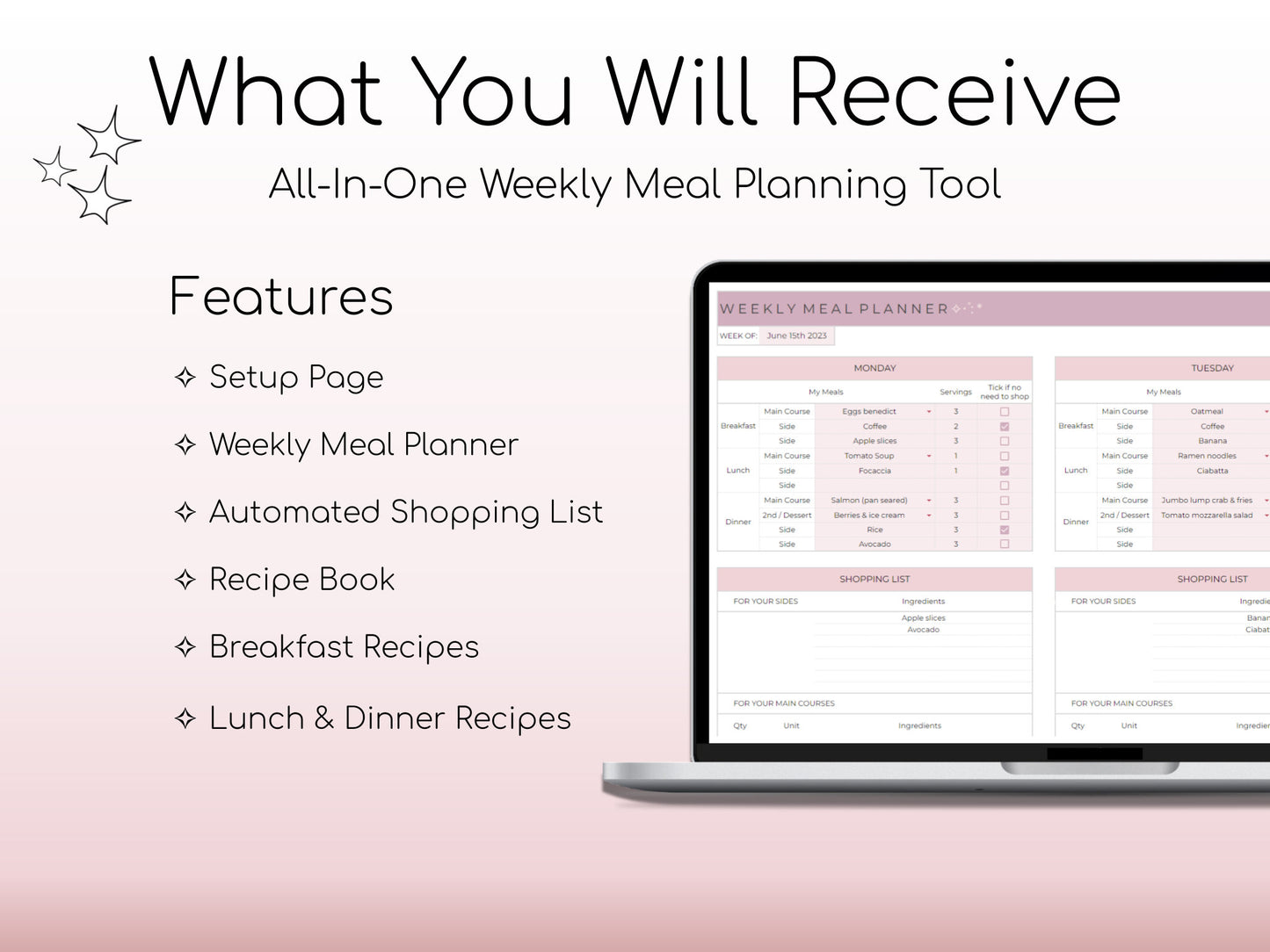 Weekly Meal Planner and Grocery List | Google Sheets Digital Template | Automated Shopping List | Food Prep | Printable Digital Meal Planner