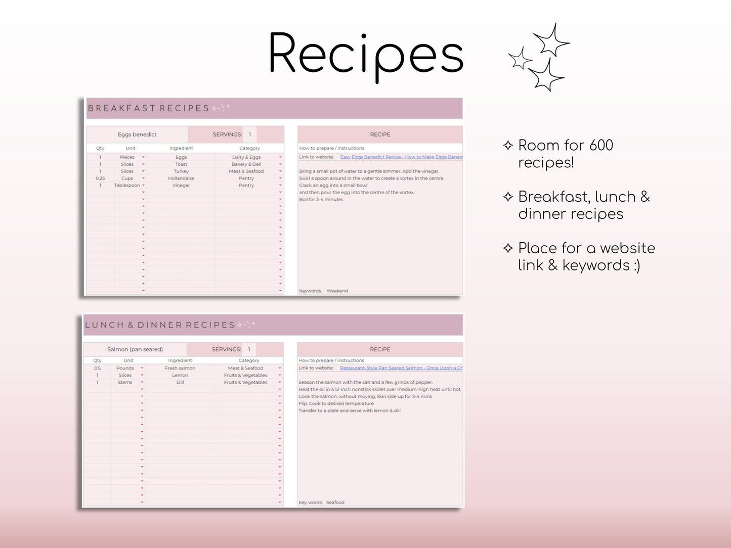 Weekly Meal Planner and Grocery List | Google Sheets Digital Template | Automated Shopping List | Food Prep | Printable Digital Meal Planner