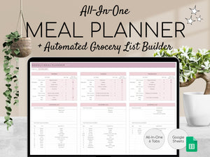 Weekly Meal Planner and Grocery List | Google Sheets Digital Template | Automated Shopping List | Food Prep | Printable Digital Meal Planner