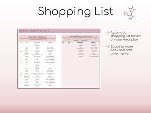 Weekly Meal Planner and Grocery List | Google Sheets Digital Template | Automated Shopping List | Food Prep | Printable Digital Meal Planner
