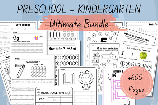 Preschool Pre-K   Kindergarten Learning Bundle |  600 Pages | Printable Activity Worksheets | Coloring | Dot To Dot | Tracing | Alphabet