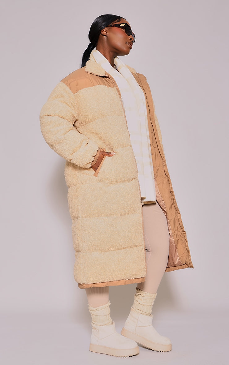 Plus Beige Contrast Borg Maxi Puffer Coat - HCWP 